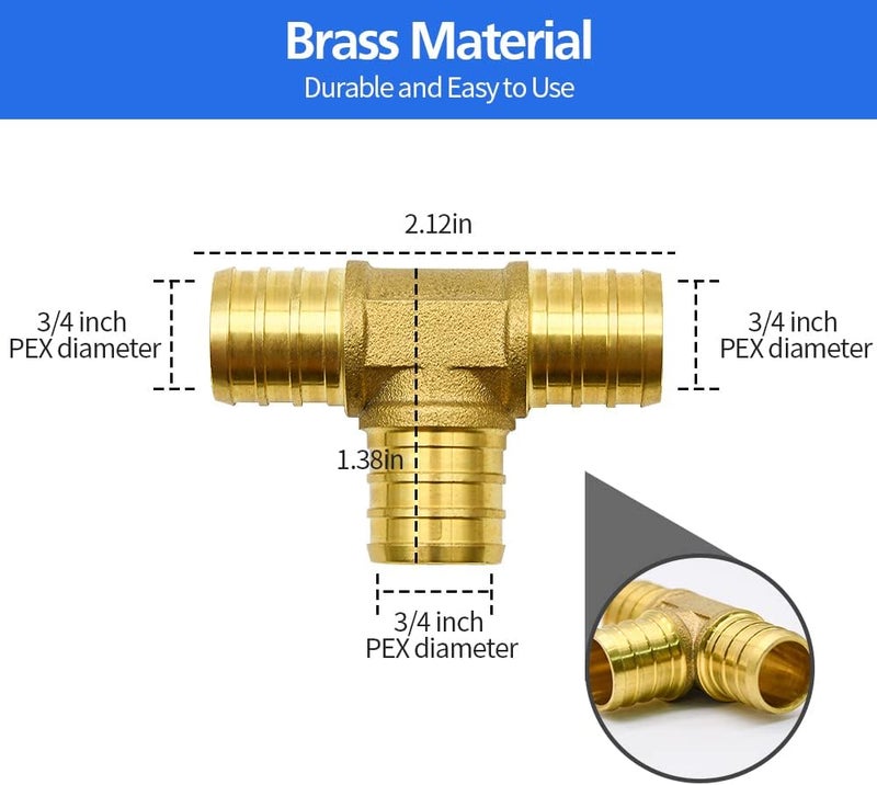 Ruby Q 25 Pack 3/4" PEX Fittings, Brass Tee Fittings, for PEX Tubing Pipe - Image 3